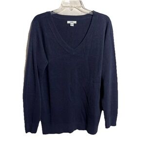 Women's Large Navy Blue V Neck‎ Acrylic Long Sleeve Pullover Sweater